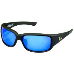   MUSTAD HP POLARIZED SUNGLASSES - BLACK VENTED FRAME, SMOKE LENS WITH BLUE REVO